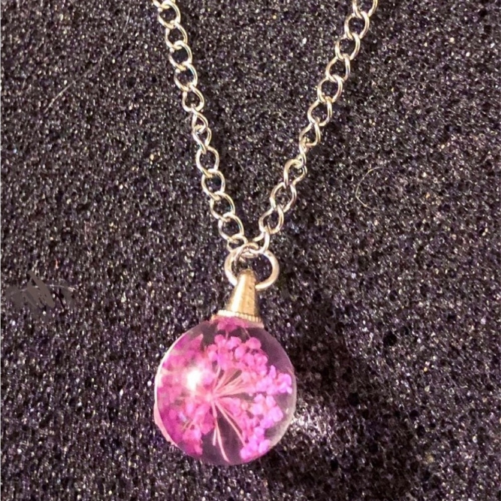 Purple Pressed Flower Glass Pendant Necklace